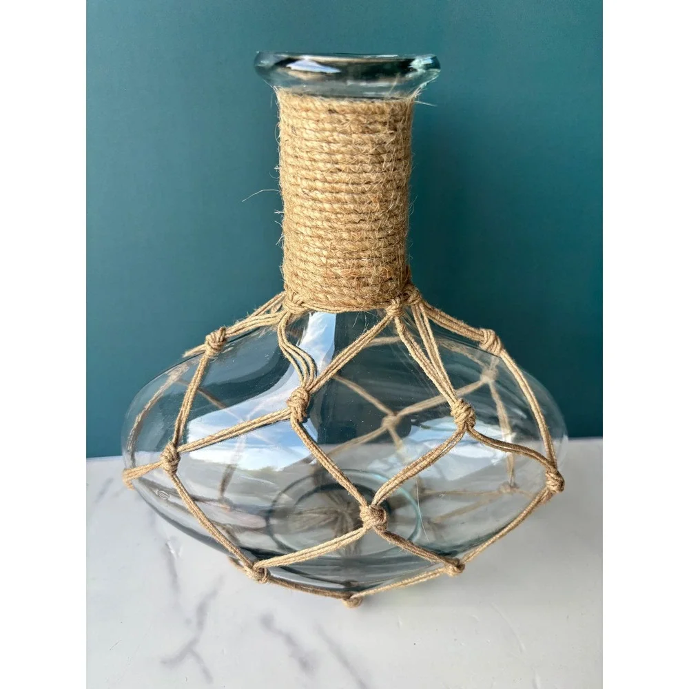 Nautical Glass Vase Jute Rope Wrapped Net Coastal Beach House Decor Centerpiece